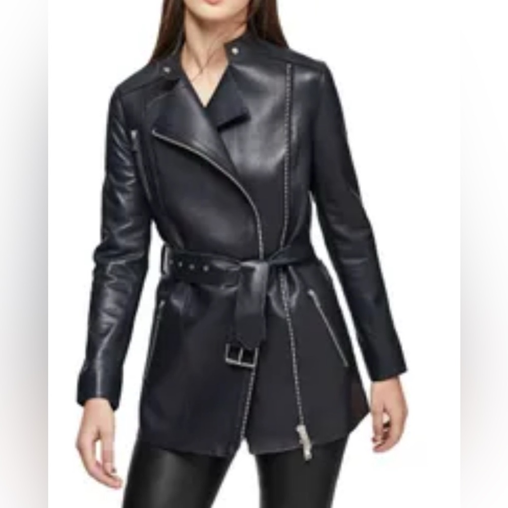 NWOT Main Strip Black Leather Belted Jacket